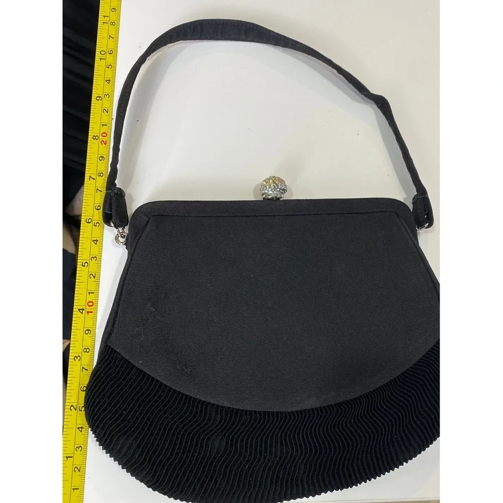 Vintage Black Pleated Clutch Purse Rhinestone Dome Clasp Gold Lining Evening Bag